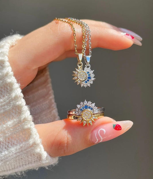 🌌💖 ¡Brilla con Estilo! Lleva Contigo el Dúo de Collares y Anillos Sol y Luna en Promoción, ¡Aprovecha Antes de Que Se Agoten! ⏳✨
